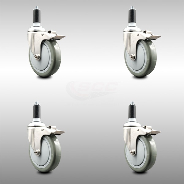 Service Caster 5 Inch 316SS Gray Poly Swivel 1-1/4 Inch Expanding Stem Caster Set Lock Brake SCC-SS316TTLEX20S514-PPUB-114-4 - main